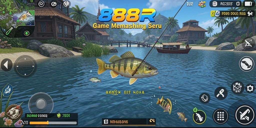 Screenshot gameplay 888R menunjukkan pemain memancing di lokasi eksotis.