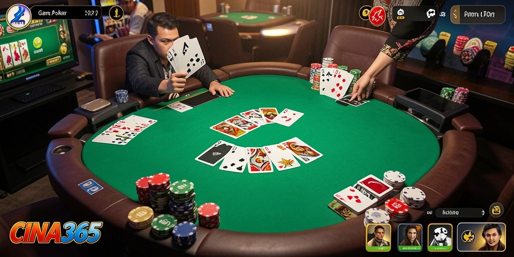 Screenshot gameplay CINA365 yang menunjukkan aksi Poker yang mendebarkan.