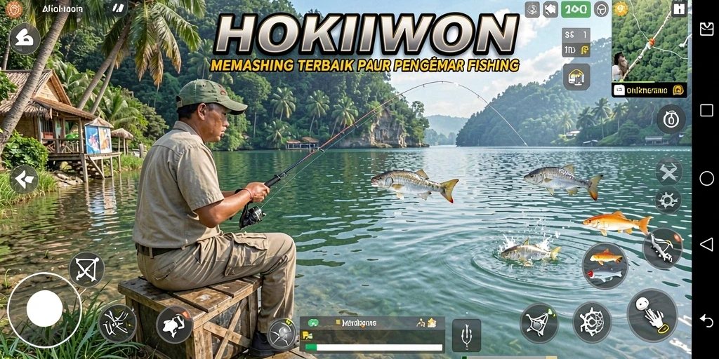 Tampilan gameplay HOKIWON yang menampilkan aksi memancing yang seru dan mendebarkan.