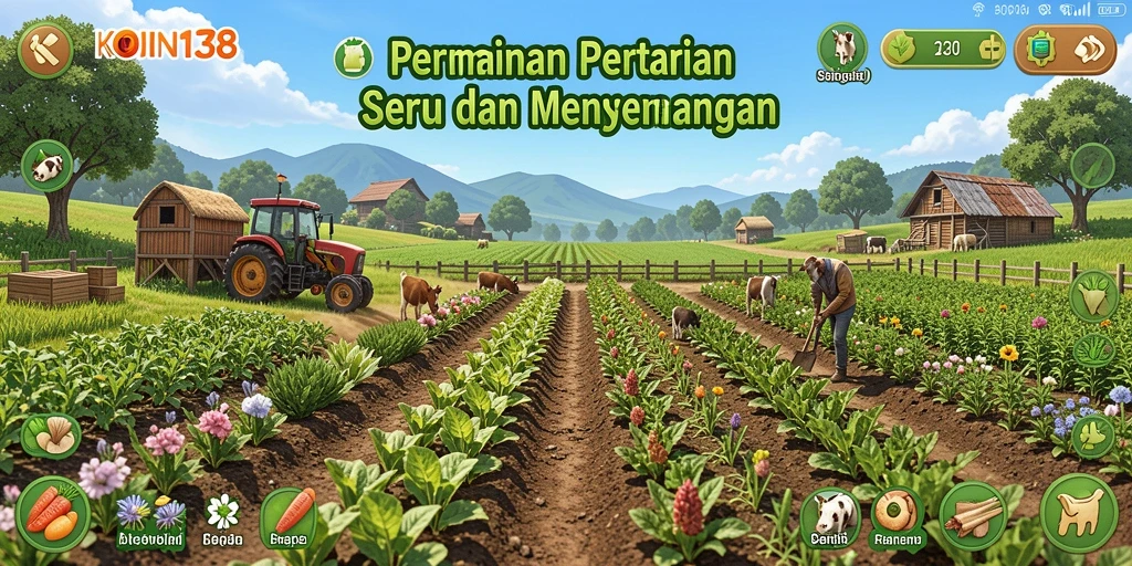 Tangkapan layar utama KOIN138 yang menampilkan gameplay seru dalam bertani.