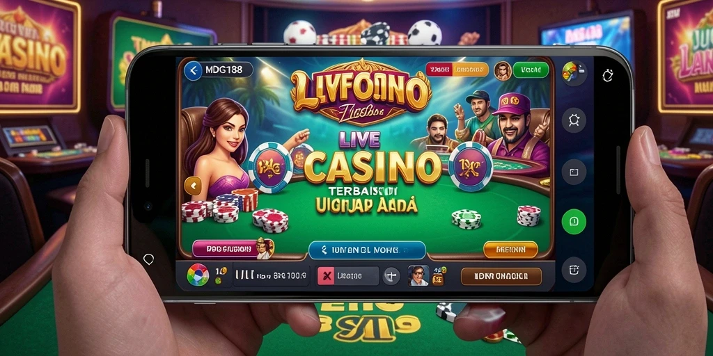 Screenshot gameplay MDG188 yang menunjukkan dealer langsung dan suasana kasino.