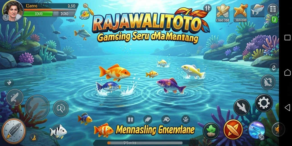 Tampilan gameplay seru dari RAJAWALITOTO dengan berbagai ikan yang bisa ditangkap.