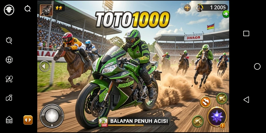 Tampilan gameplay TOTO1000 dengan motor kencang di trek yang mengesankan.