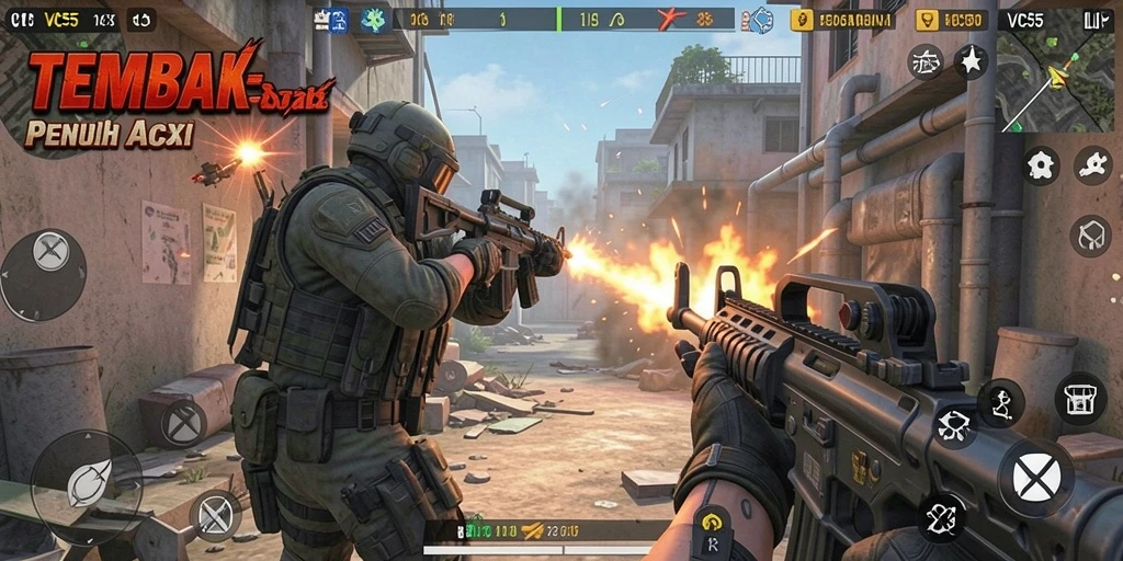 Screenshot menunjukkan aksi tembak-menembak mendebarkan dalam gameplay VC55.